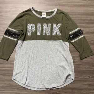 PINK sequin logo army green/gray long sleeve tee Size Small